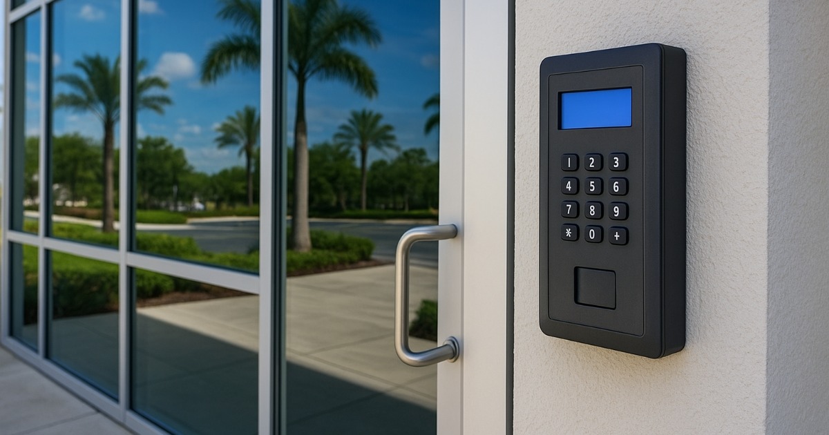 Secure Orlando office building entrance with electronic access control system.