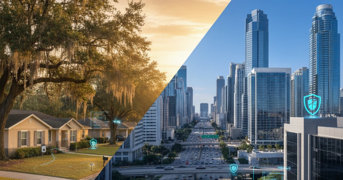 A split image showing the contrast between a peaceful, tree-lined suburban neighborhood with a house on the left, and a bustling modern city skyline with a multi-lane highway on the right. Both sides subtly feature security-related icons, representing the changing security needs in Central Florida's growing landscape.