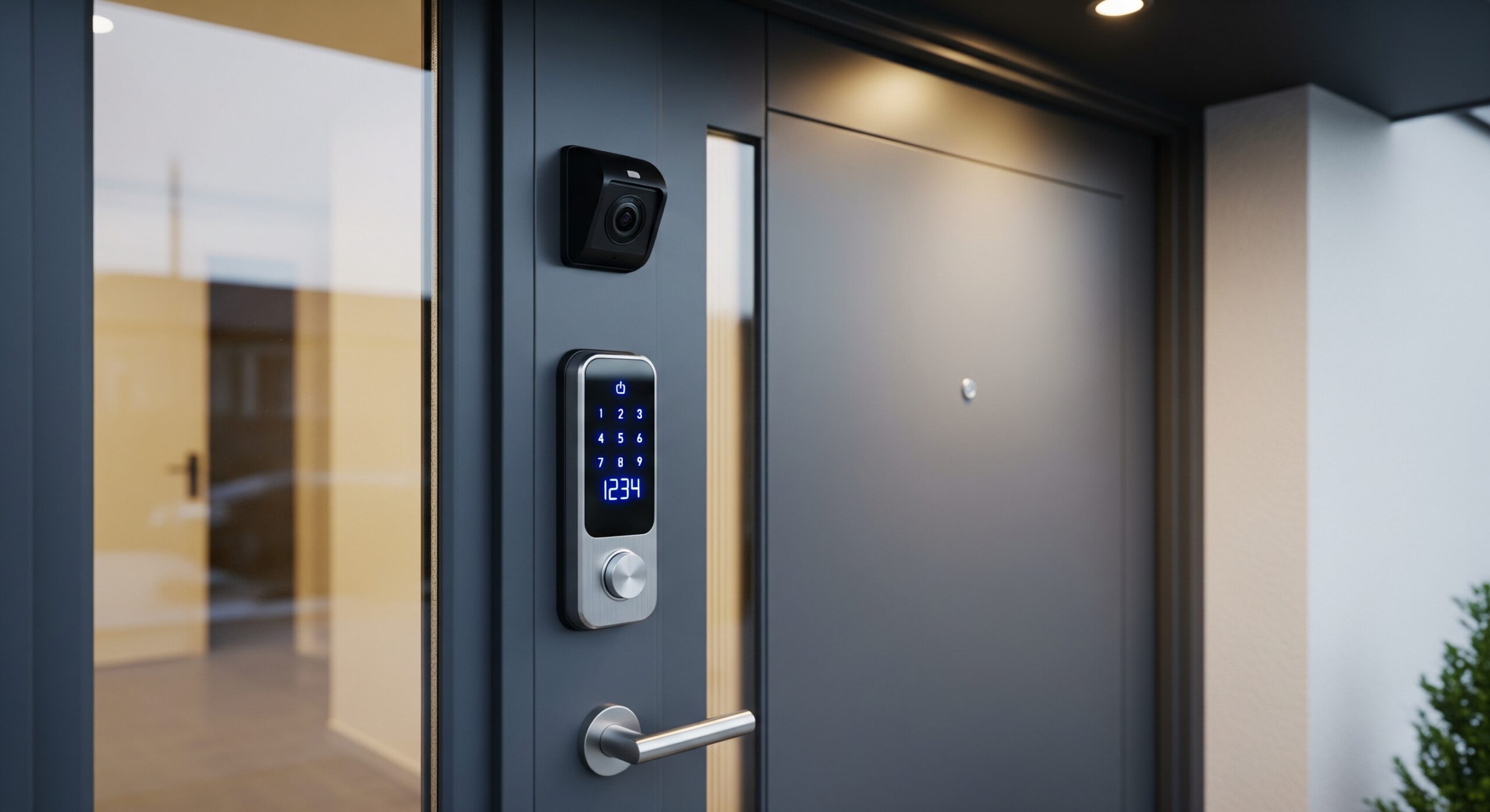 A professional photo of a modern smart lock with a digital keypad and a small security camera installed on a dark front door of a vacation rental.