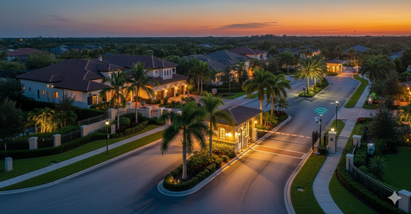 An aerial view of the entrance to a luxurious, modern gated community in Florida at dusk. The entrance features a security gatehouse with lights illuminating the road and surrounding palm trees. Large, multi-story homes with tile roofs are visible on both sides of the street, and streetlights glow along the winding roads. The sky is a gradient of orange, pink, and purple as the sun sets over a dense, green treeline in the distance.