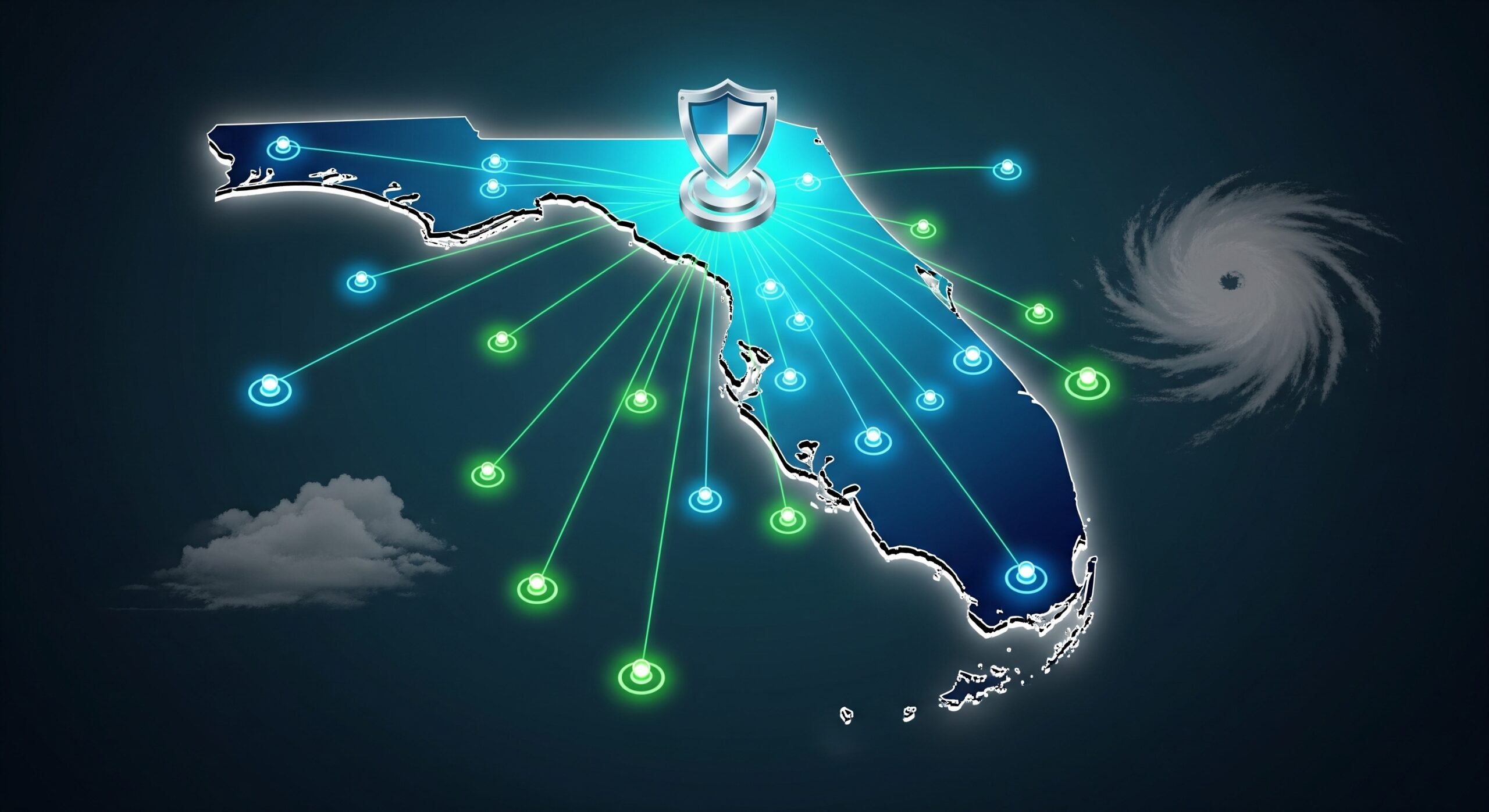 A stylized map of Florida on a dark background, showing multiple glowing nodes across the state that represent business locations. These locations are connected by bright lines to a central shield icon, symbolizing a unified security network. In the background, there is a swirl representing a hurricane and a cloud, indicating Florida's unique weather challenges.