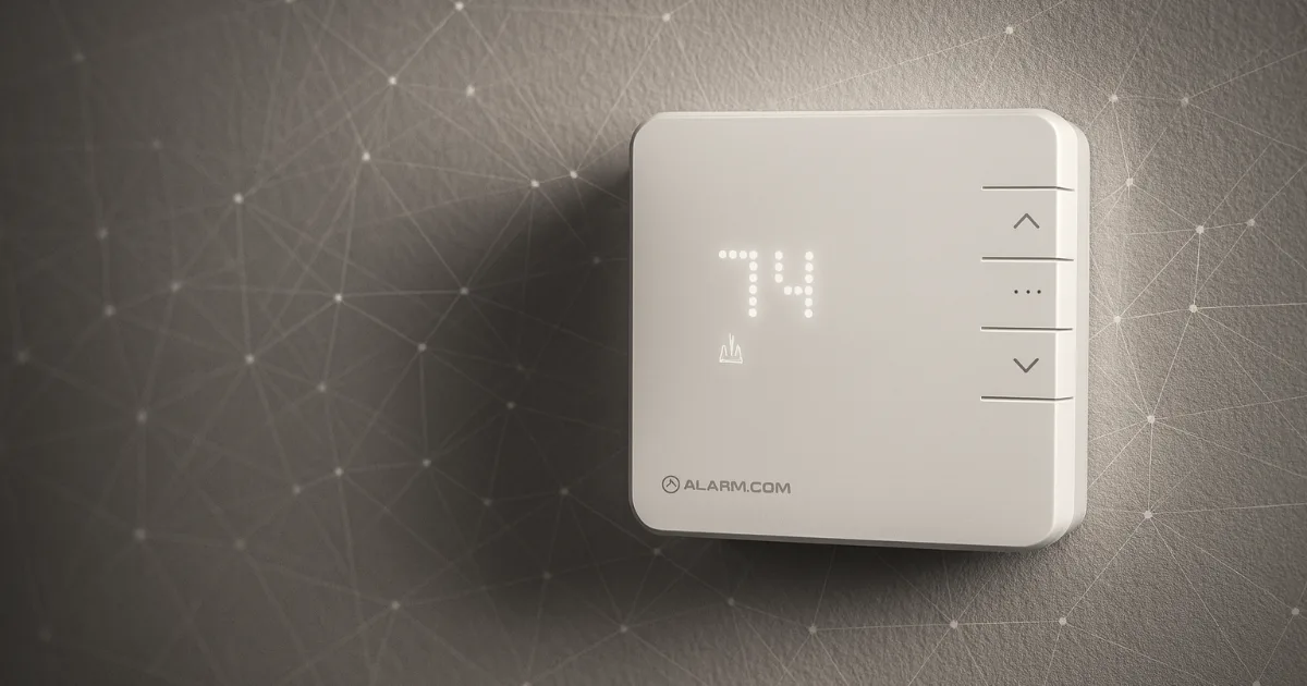 Smart thermostat on a wall with digital network patterns behind it.