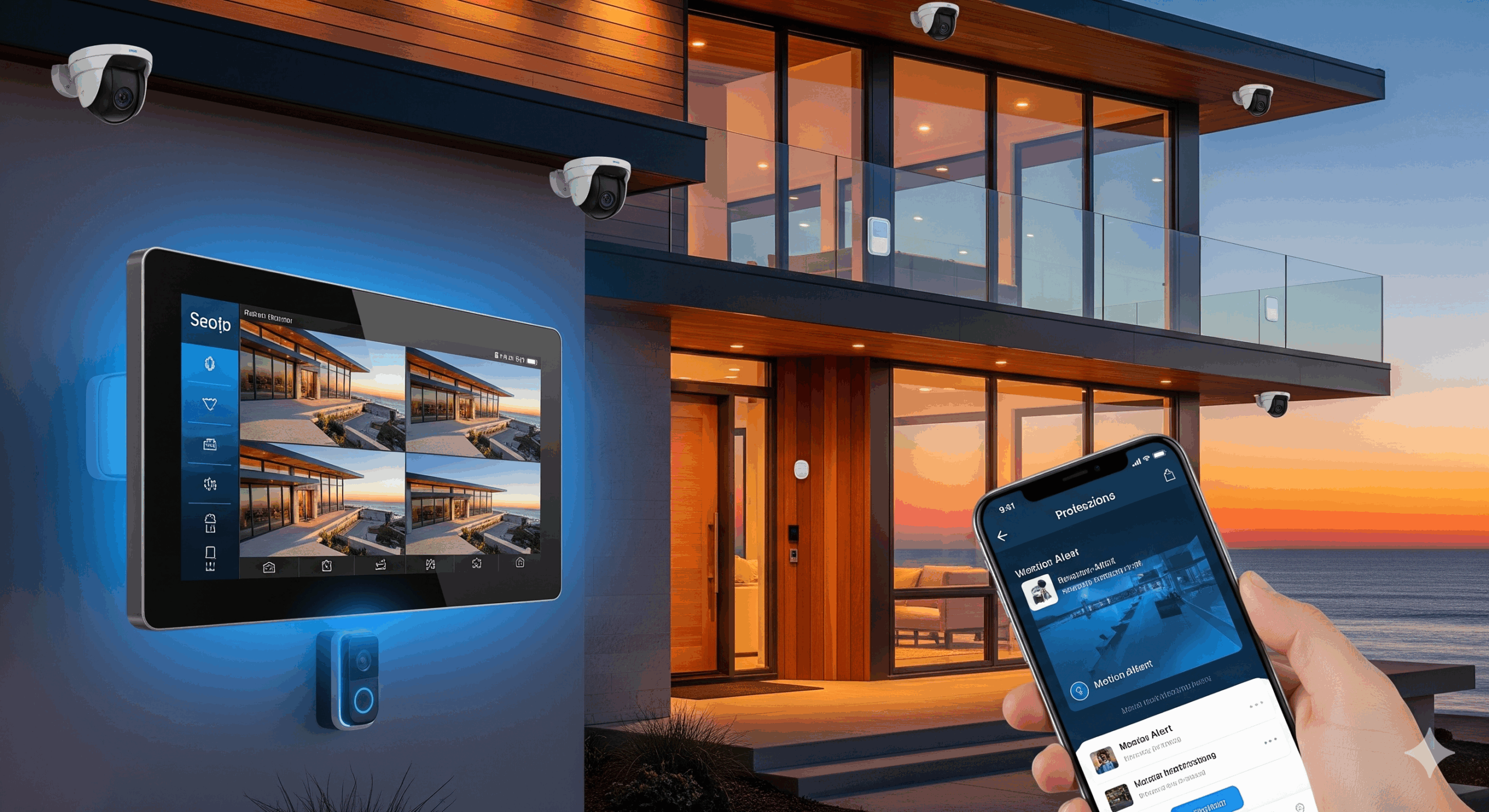 A modern vacation rental beach house at sunset, equipped with a comprehensive smart security system. A hand in the foreground holds a smartphone showing a security app, while a wall-mounted display panel shows multiple live camera feeds. Security cameras and a smart doorbell are visible on the exterior of the house, with the ocean visible in the background.