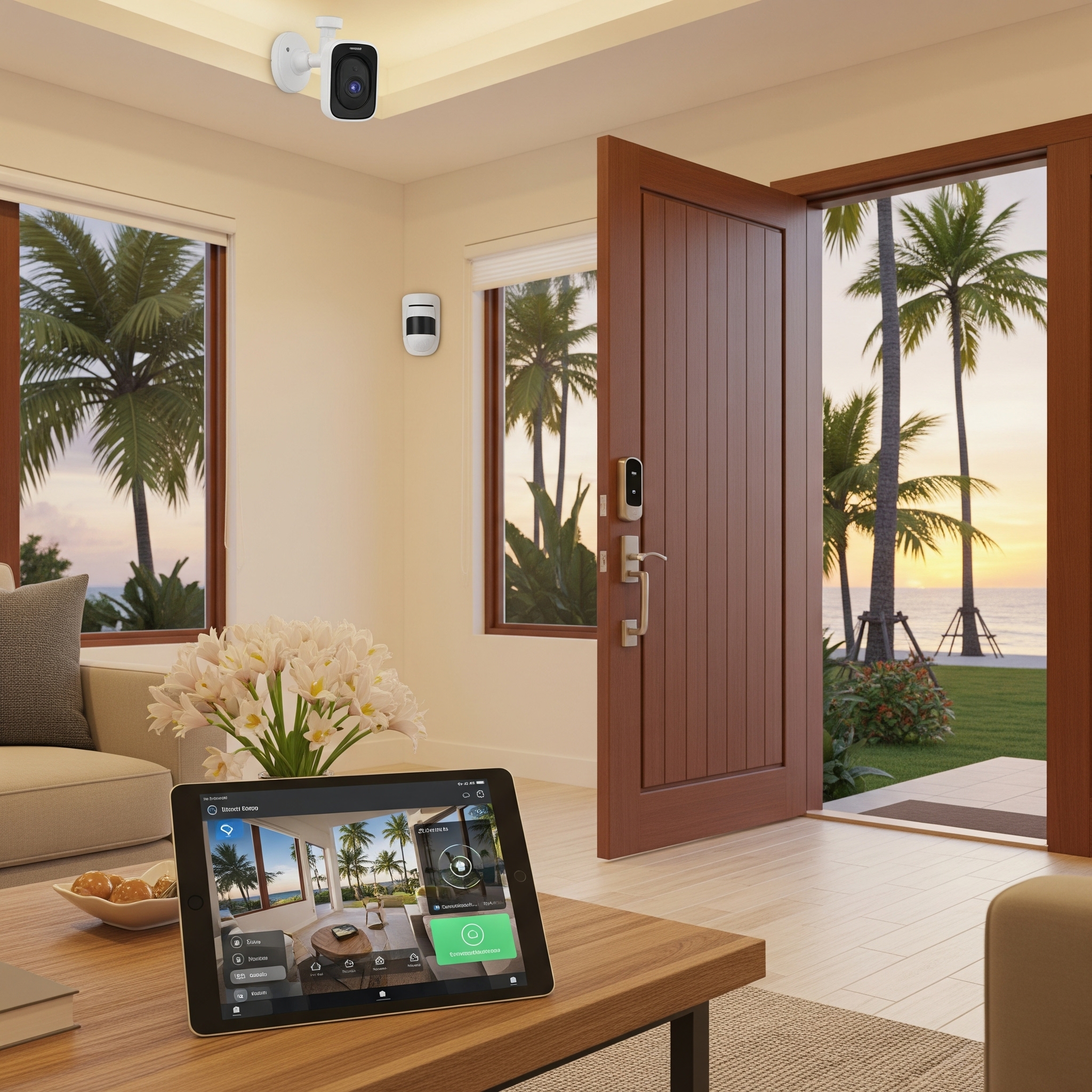 Vacation rental with the door open and a tablet featuring the security monitoring system is sittng in the coffee table.
